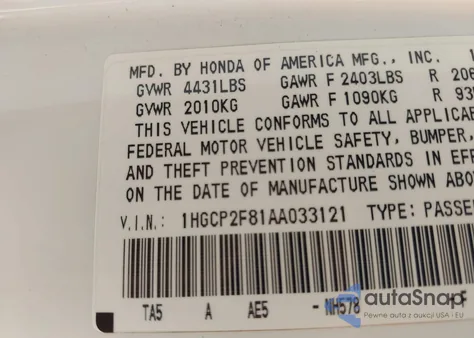 2010 Honda Accord 2.4 Ex-L z USA, uszkodzony, nr VIN 1HGCP2F81AA033121